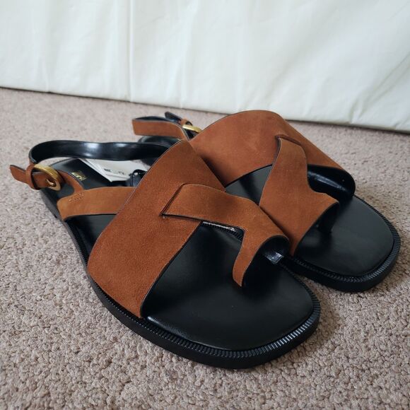Zara Nwt Suede Leather Slide Strappy Sandals Toe Loop Metal Buckle Sz 6.5 Brown - Picture 10 of 13